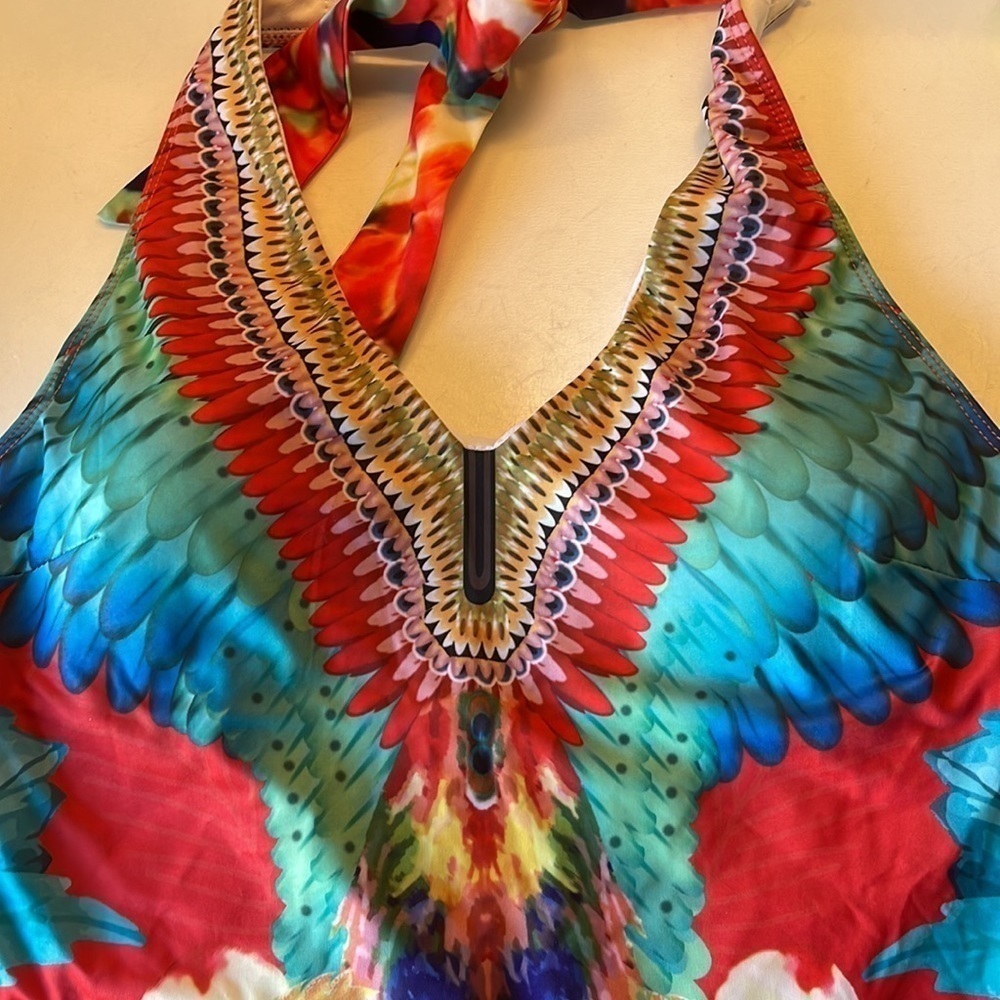 Colorful NWOT Peacock Feather Like Print Halter One Pc Swimsuit. D250/A370